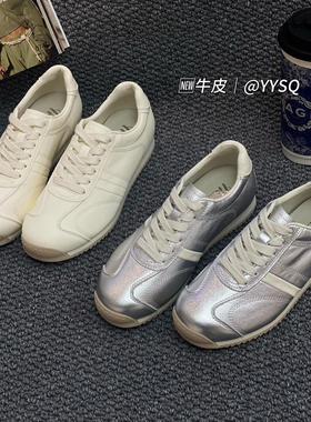 烟雨诗情2026春款舒适牛皮真皮圆头系带平底鞋小白鞋休闲板鞋女鞋