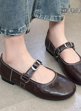 烟雨诗情2026春季新款英伦风羊皮真皮圆头低跟平底鞋单鞋女鞋2596