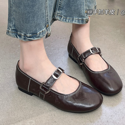 烟雨诗情2026春季新款英伦风羊皮真皮圆头低跟平底鞋单鞋女鞋2596