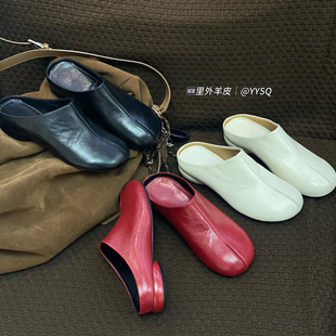 女鞋 英伦风舒适羊皮真皮低跟包头拖鞋 烟雨诗情2026年春夏新款