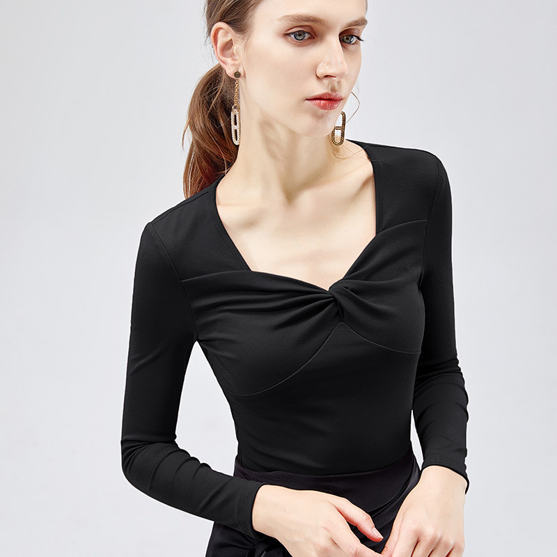 欧美性感露锁骨紧身上衣打底衫