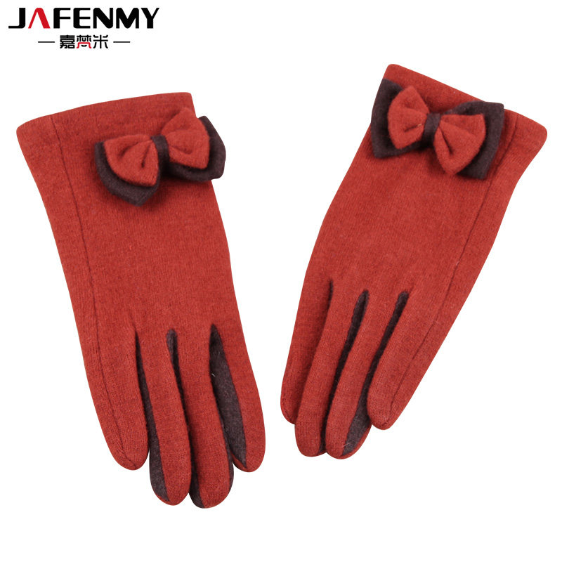 蝴蝶结装饰触屏手套女士秋冬韩版可爱羊毛保暖触摸屏手套学生骑行