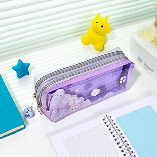 99creat日系可爱幽灵大集合双拉链双层笔袋透明高颜值大容量精致