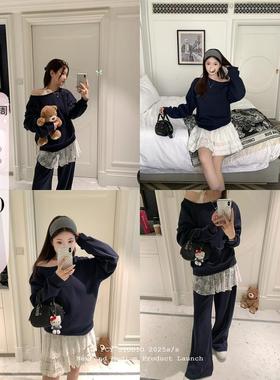 FCY studio藏青色露肩卫衣套装女2025春季一字肩套头卫衣两件套