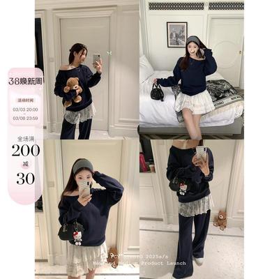 FCY studio藏青色露肩卫衣套装女2025春季一字肩套头卫衣两件套