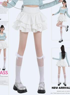 MASS 芭蕾风白色蛋糕半身裙女春夏2025新款高腰荷叶边a字蓬蓬短裙