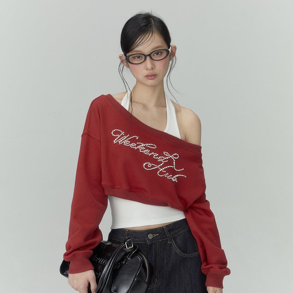 weekendhub 红色短款斜肩卫衣女2025新款长袖宽松两件套露肩上衣
