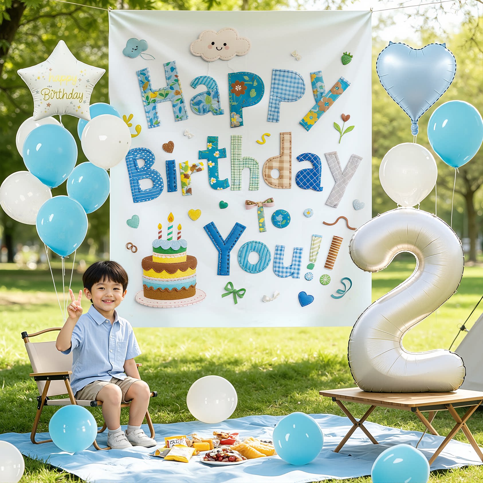 户外2周岁生日布置场景装饰男童宝宝气球派对背景布氛围拍照道具