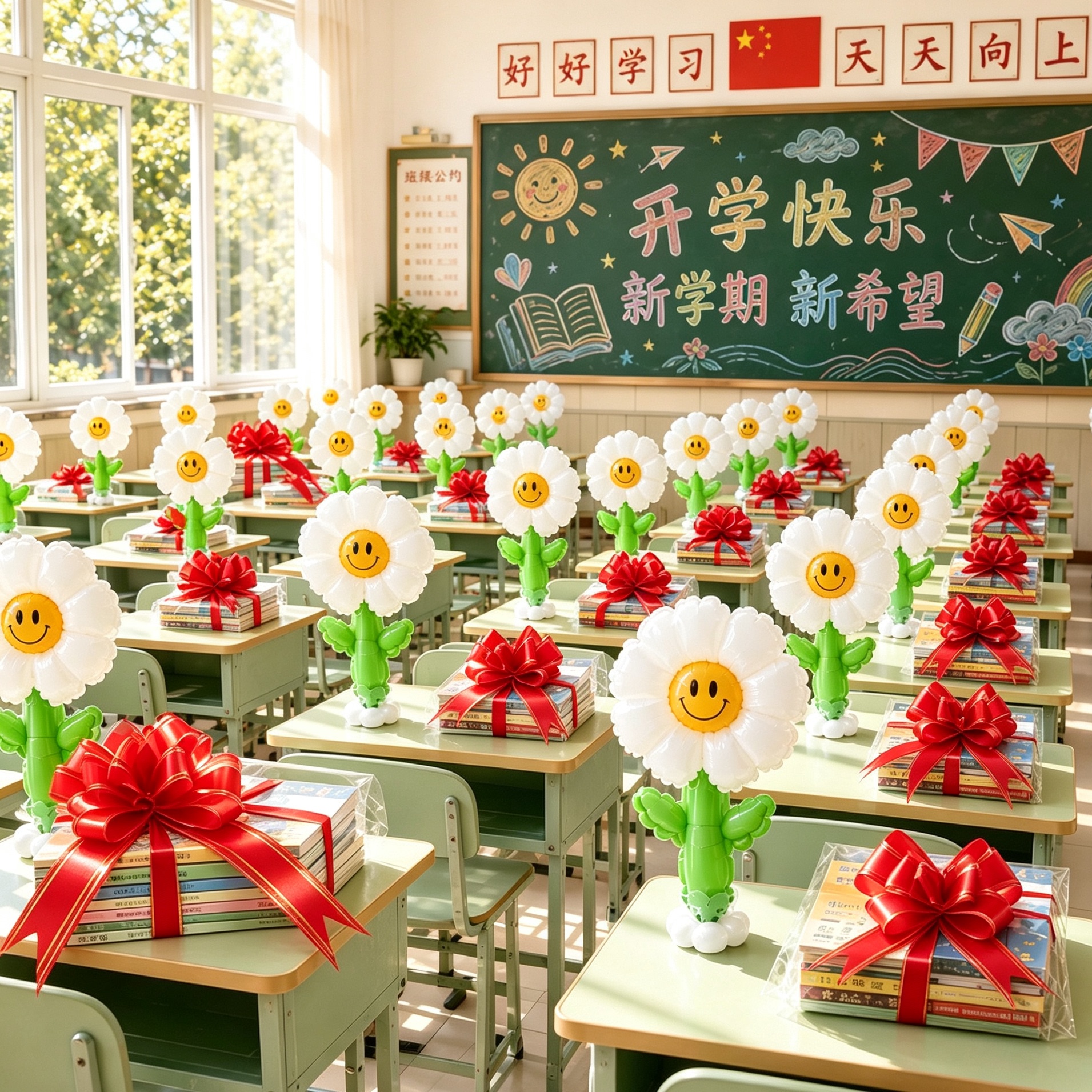 新学期开学典礼班级课桌气球装饰图片