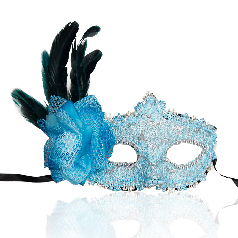 仕彩 万圣节皮革侧边长羽毛侧花面具舞会派对聚会威尼斯公主面具
