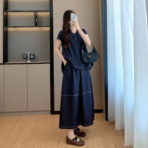 大码牛仔套装裙子夏季宽松遮肉女