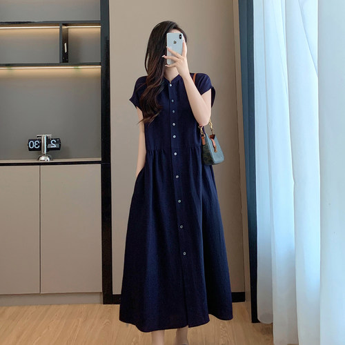 大码亚麻藏青色短袖连衣裙女宽松