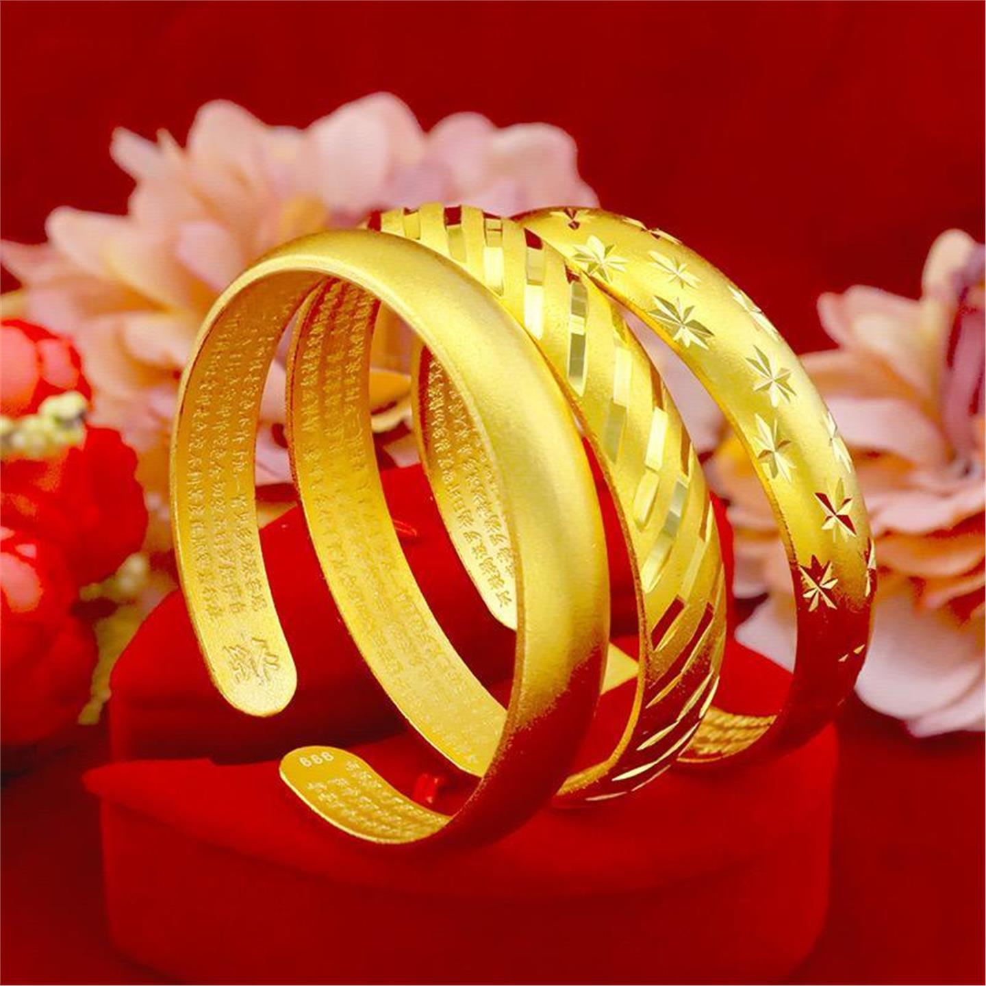 越南古法心经沙金手镯女款满天星黄金色时尚开口手环久不掉色手饰