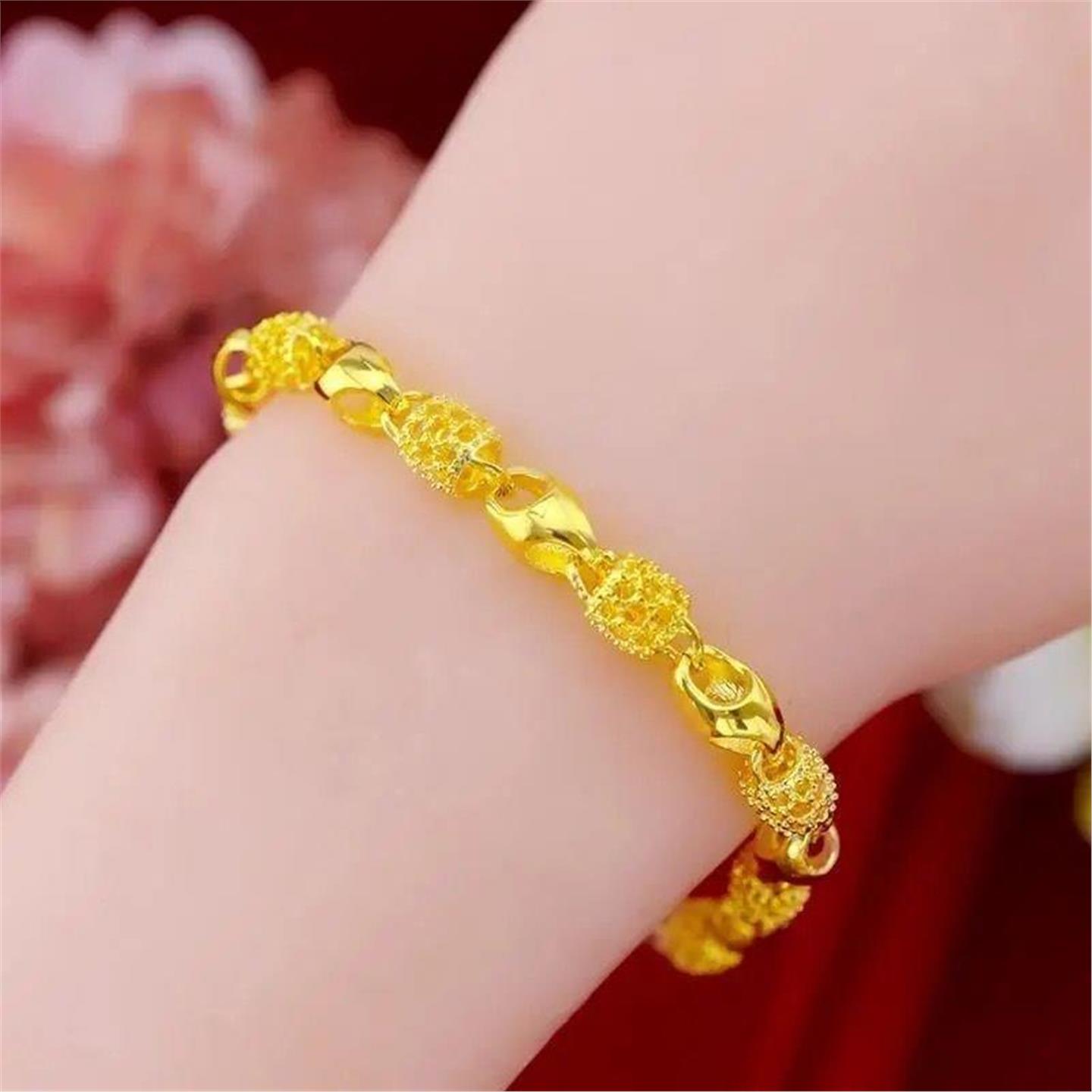 免税黄金色沙金手链女玲珑仿真金手镯转运珠子情侣手环送情人节礼