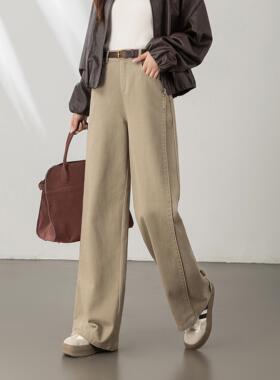 53315卡其色阔腿裤女春季2026时尚宽松牛仔高腰设计感休闲裤全棉