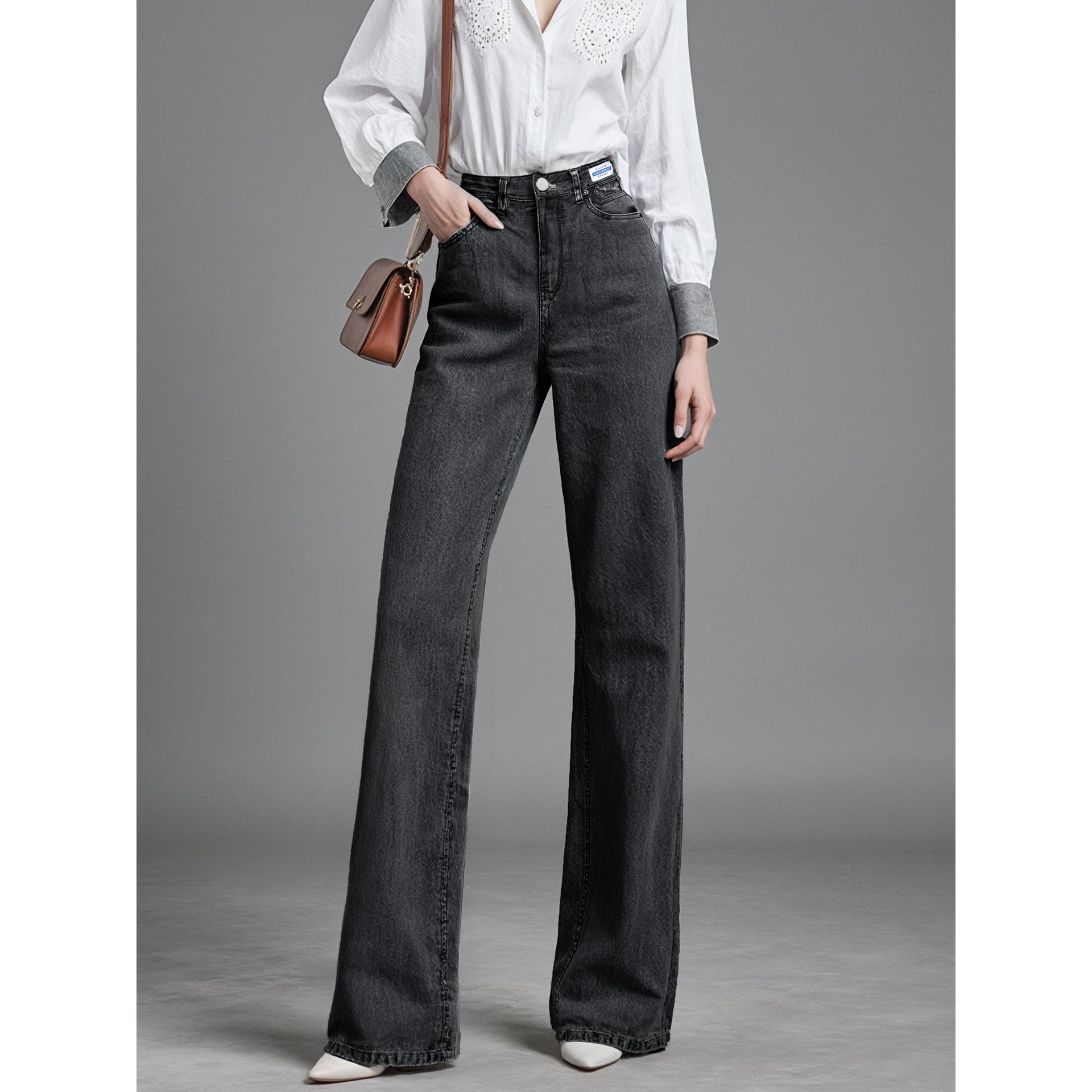 炭黑色复古直筒牛仔裤女2025秋新款高腰显瘦弹力通勤小个子阔腿裤