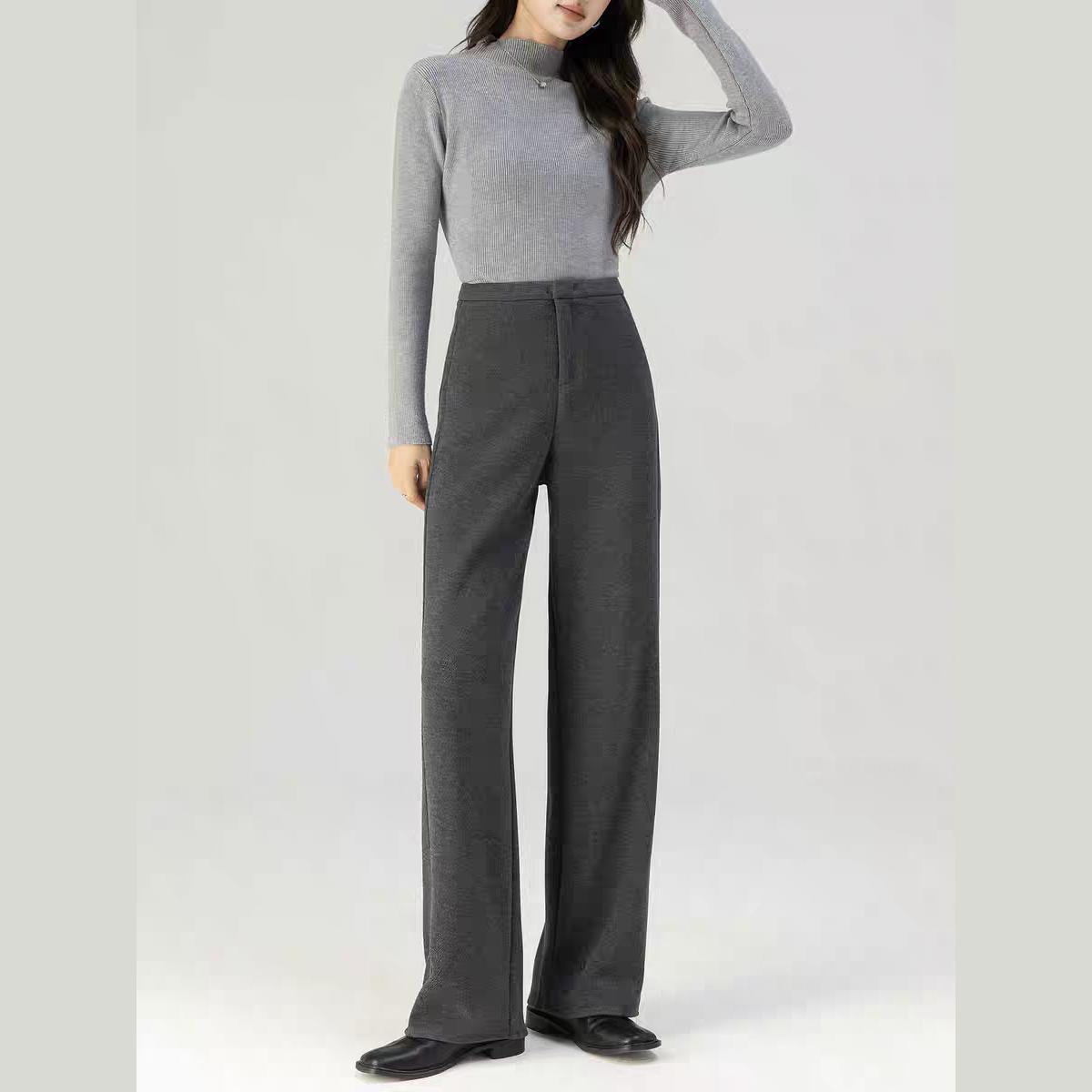 窄版阔腿裤女冬季新款裤子加厚醋酸羊毛直筒裤高腰宽松灰色西装裤