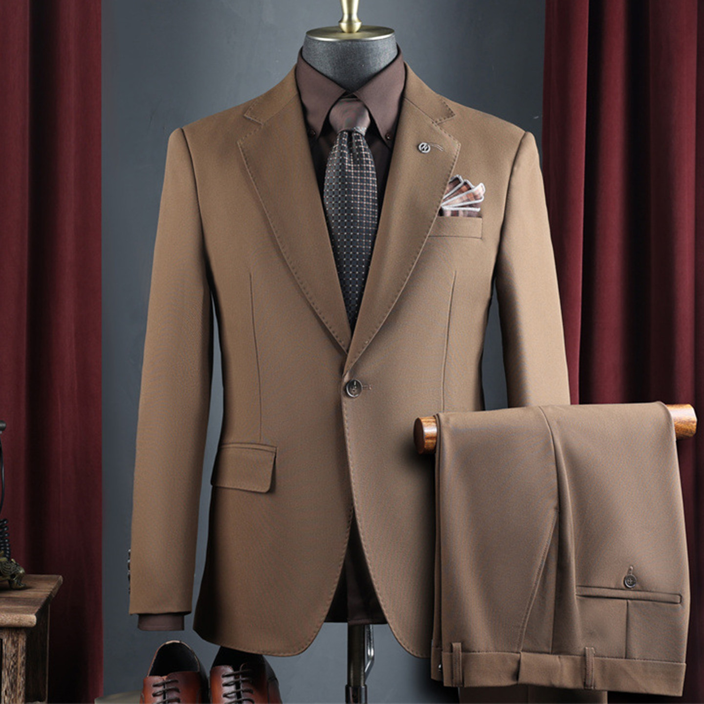 欢喜橙/意式那不勒斯西服套装男休闲商务正装婚礼结婚三件套西装