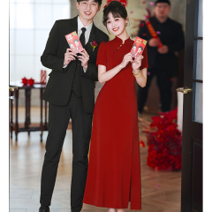 敬酒服新娘结婚红色旗袍订婚礼服裙女平时可穿秋冬短袖中式连衣裙