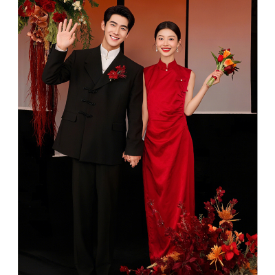 欢喜橙/新中式盘扣高档男装西服两件套新郎西装结婚婚礼男士外套