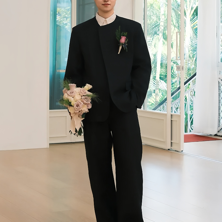 商务宴会西装男黑色圆领垫肩西服外套新郎订婚婚礼宴会日常休闲服