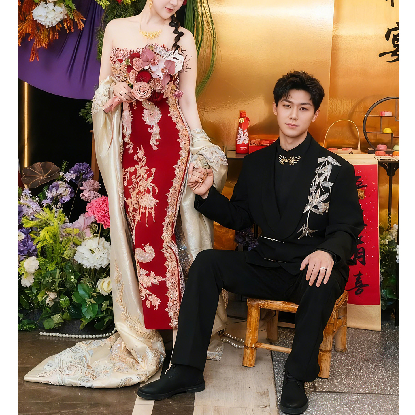 欢喜橙/新中式男订婚西装国风唐装演出服新郎结婚礼服西服套装潮