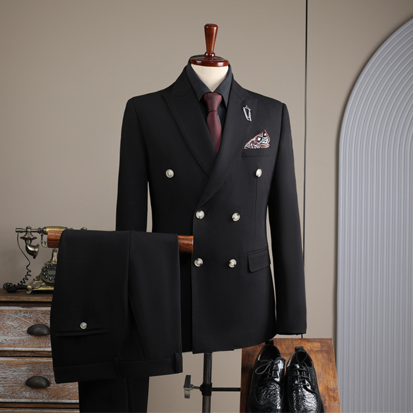 欢喜橙/三件套英伦高定双排扣西服男时尚高品质修身轻奢免烫西装