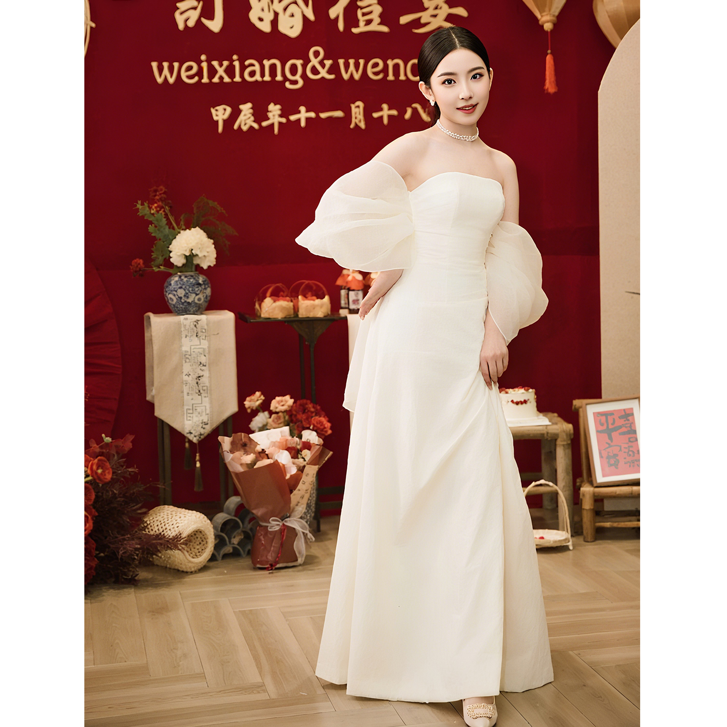 欢喜橙/法式结婚礼晨袍女士新娘伴娘高级感轻婚纱晨拍礼服订婚裙