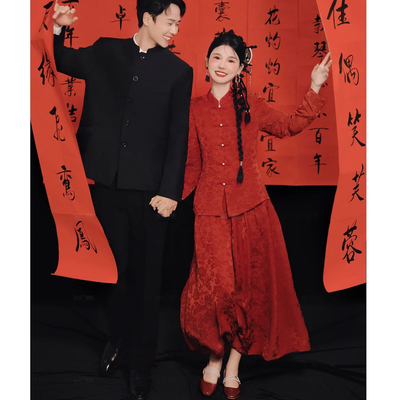 两件套装旗袍秋冬新款改良新中式订婚红色敬酒服新娘回门宴礼服女