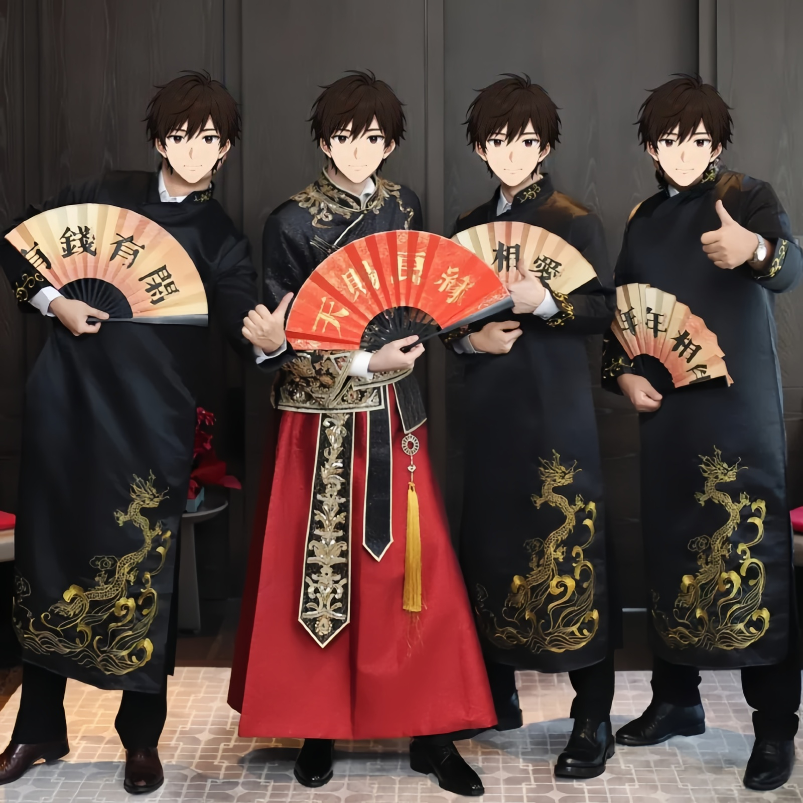 欢喜橙 喜宴婚宴新款长袍长衫伴郎服结婚礼服大褂兄弟团公司年会