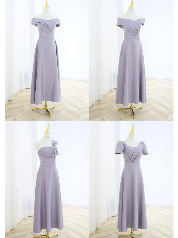 伴娘服团礼服女灰紫色显瘦简约姐妹团平时可穿小个子缎面连衣裙