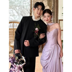 欢喜橙【亦舟】新郎西服套装无领垫肩西装外套订婚男设计感小众