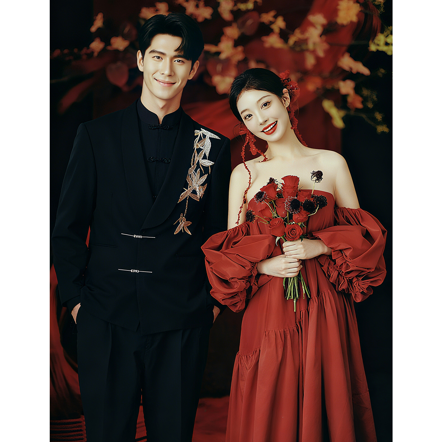 欢喜橙/高品质男士订婚西装三件套中式国风高定西服新郎结婚礼服