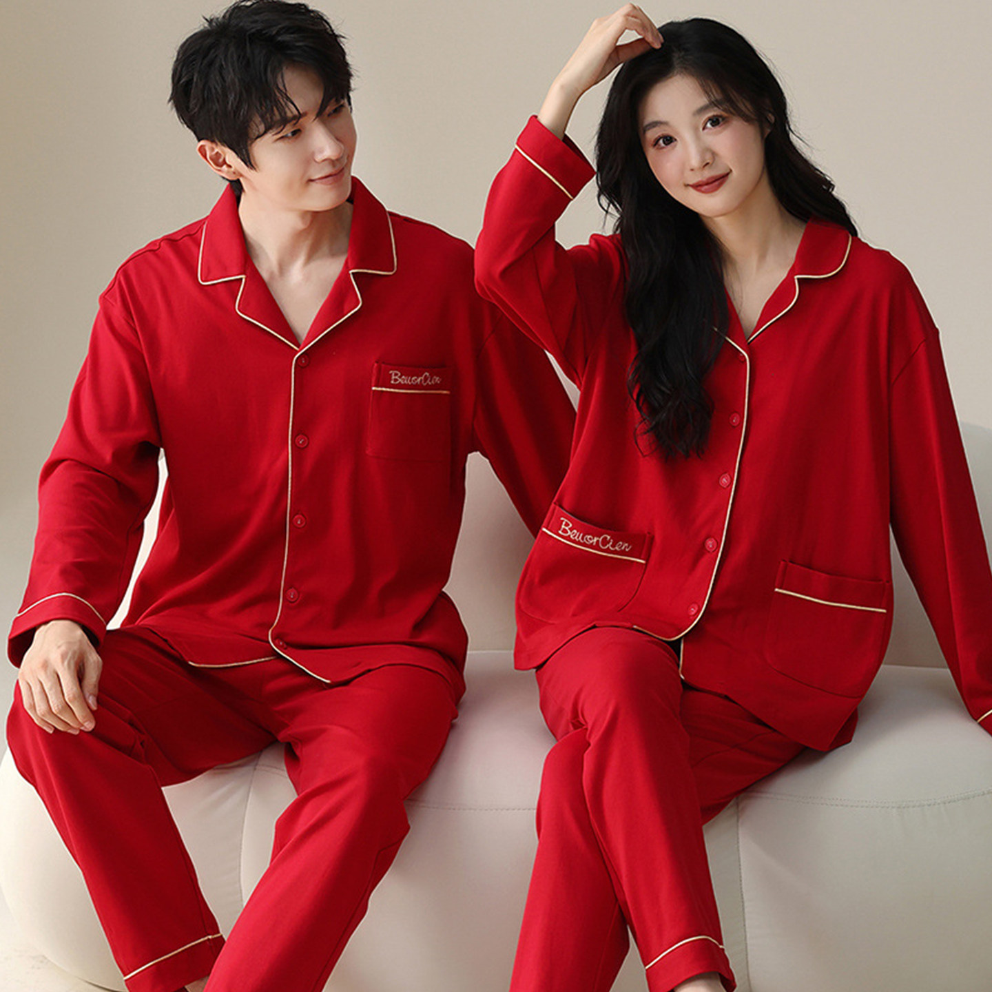 欢喜橙/情侣睡衣女士新婚家居服男士纯棉春秋款大红色本命年套装