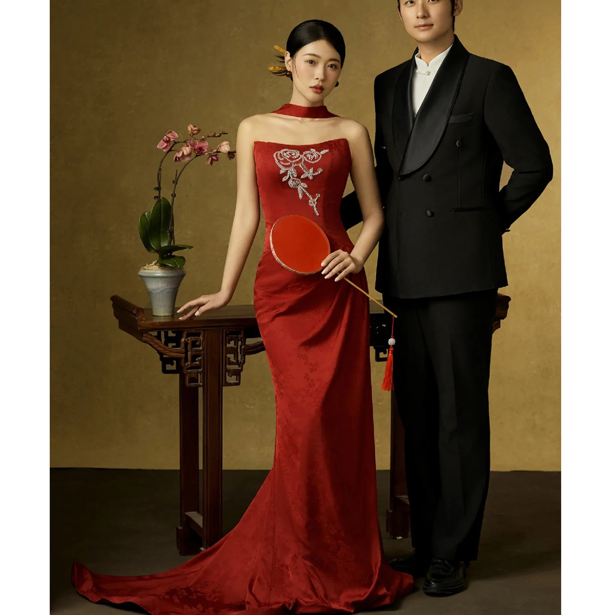 欢喜橙【垂绦】新娘敬酒服婚礼抹胸婚宴拖尾重工宴会鱼尾出阁服女