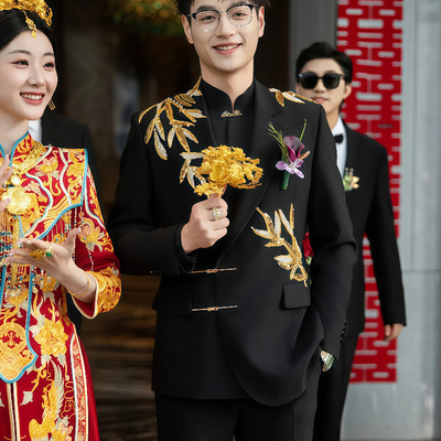 高级感新郎订婚西装套装男新中式中山装结婚订婚敬酒服西服外套