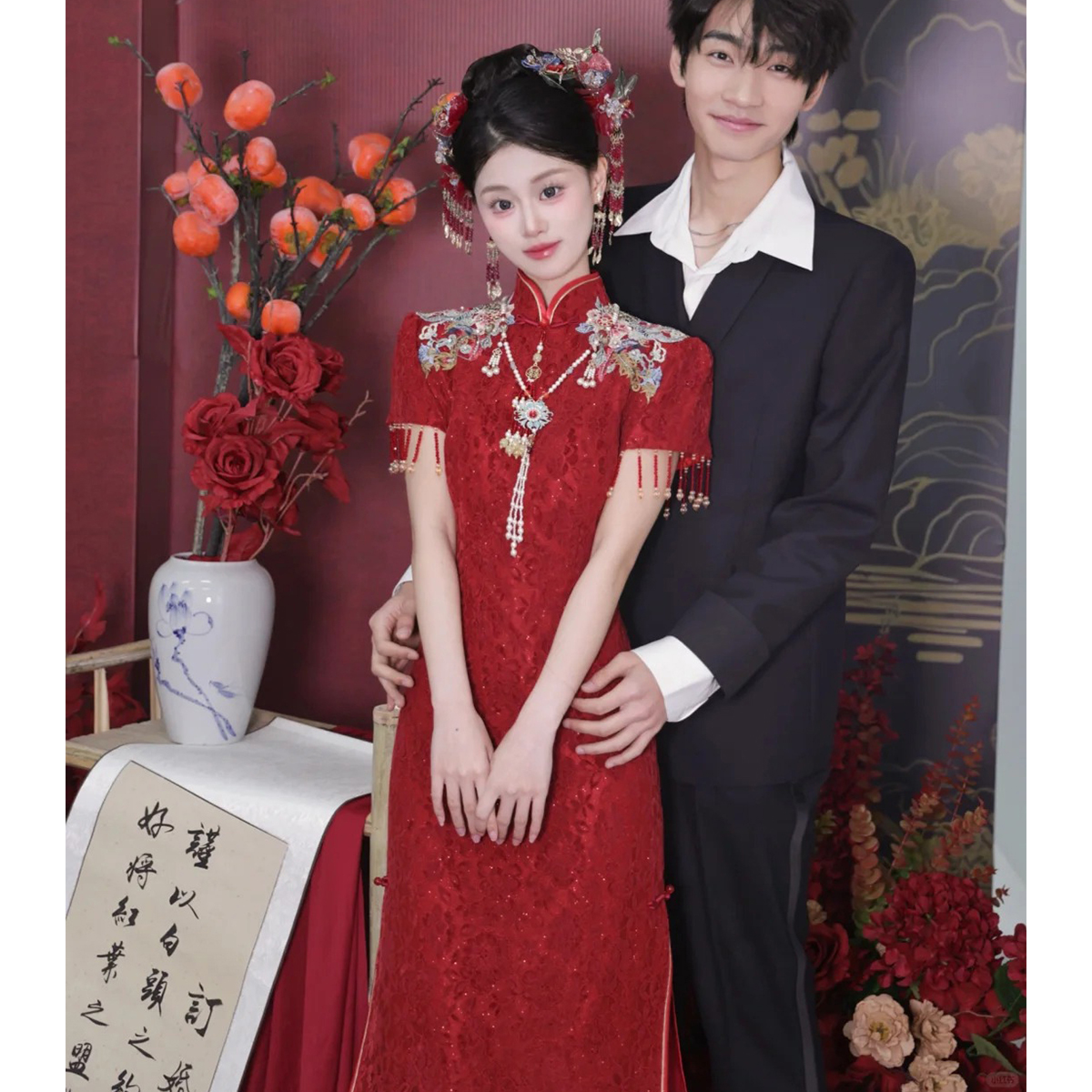 新中式改良短袖旗袍敬酒服喜庆订婚礼服裙年轻款酒红色喜嫁回门服