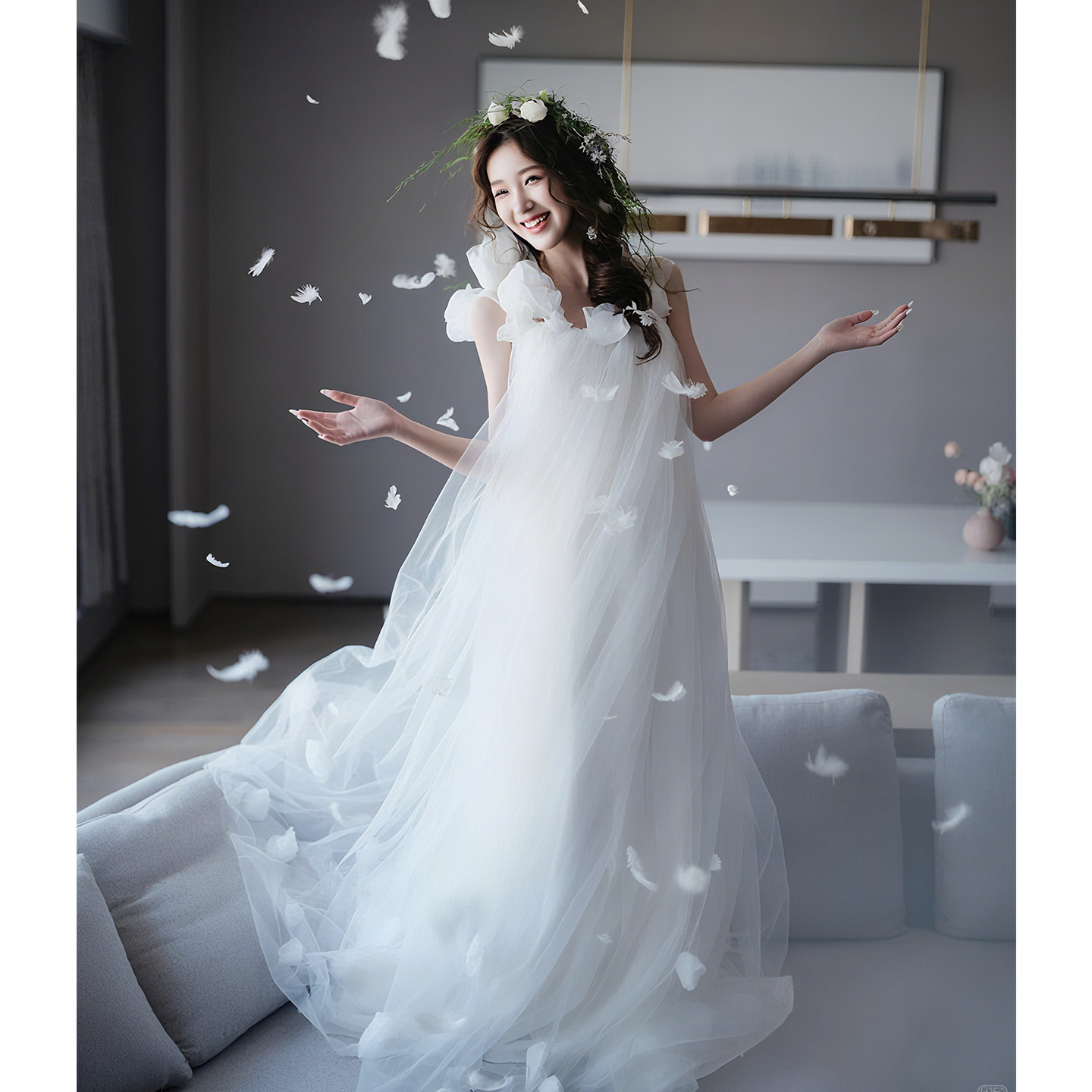 欢喜橙/晨袍女新娘结婚仙气吊带礼服裙拖尾蓬蓬裙法式轻奢轻婚纱