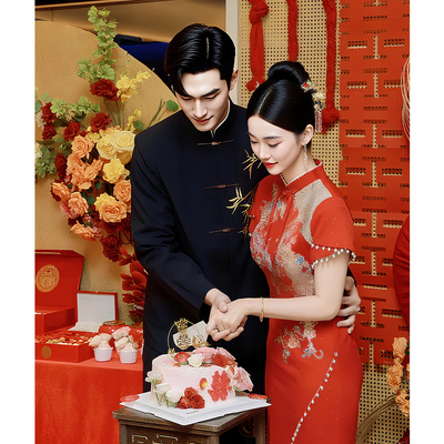 欢喜橙/新中式男装西装套装结婚宴会礼服金竹刺绣中山装高档西服