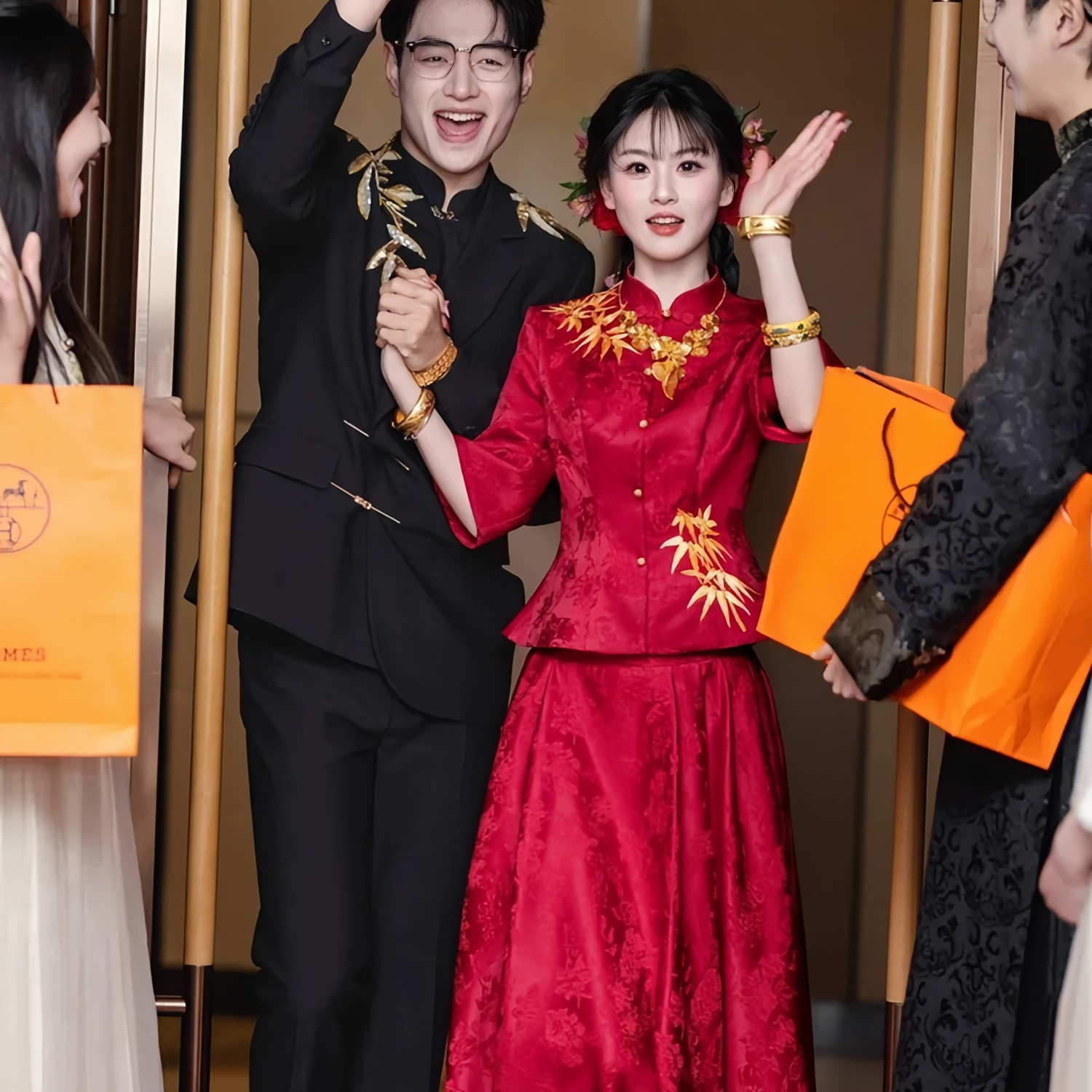 欢喜橙【金臻】新中式新郎结婚西服套装男戗驳领金属扣中山装国风