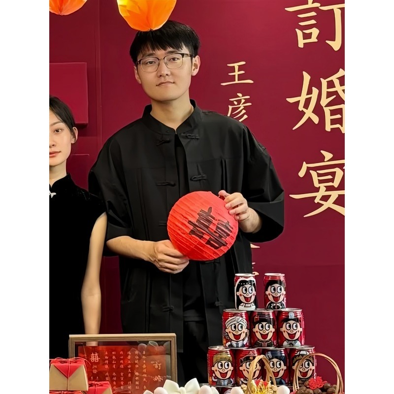 欢喜橙【玄逸】订婚男新中式短袖衬衫外套黑色设计感休闲宽松大码