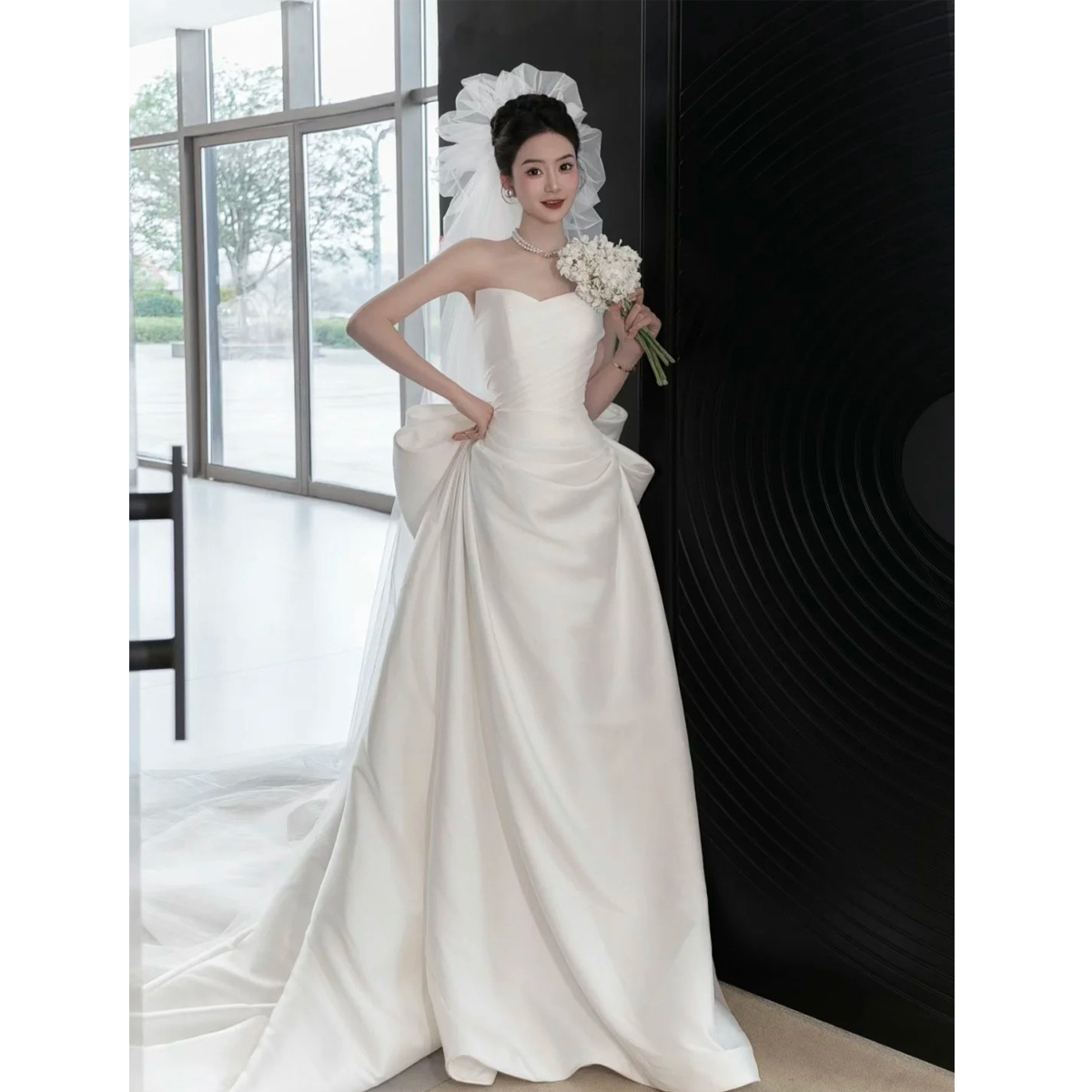 【纱语】鱼尾轻婚纱礼服裙小个子复古订婚出门纱抹胸法式轻晨袍女