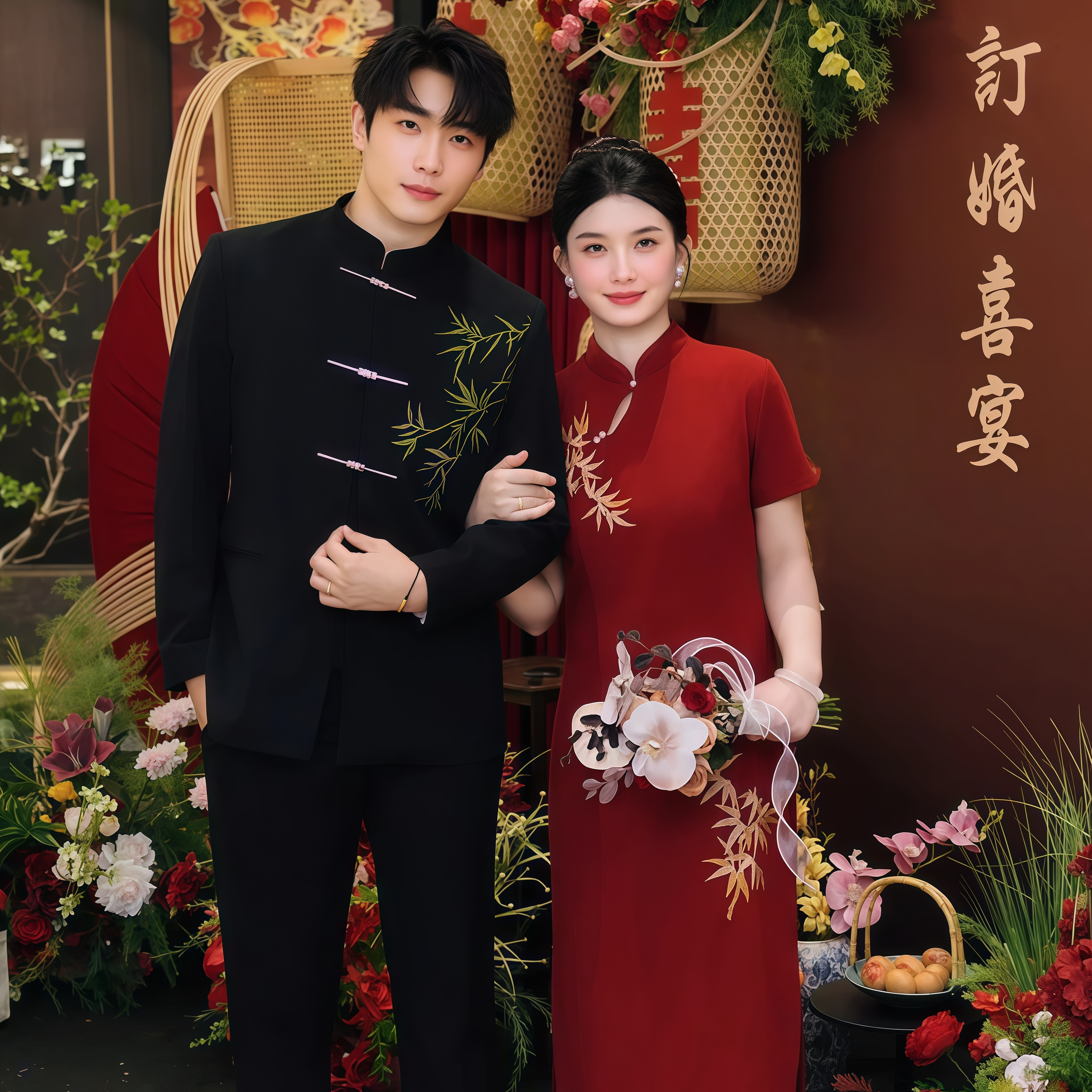 欢喜橙 新中式国风西装金竹刺绣男生订婚礼服立领中山装唐装套装