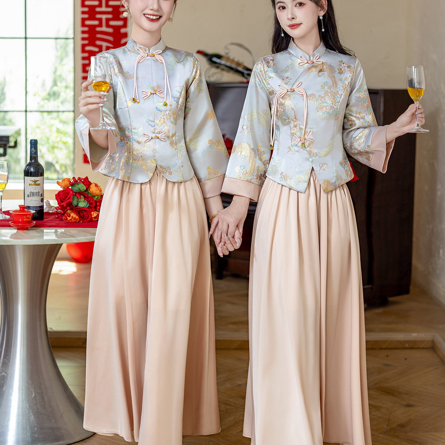 欢喜橙  新款秋冬季新中式伴娘服长袖秀禾服姐妹团礼服裙小众高级