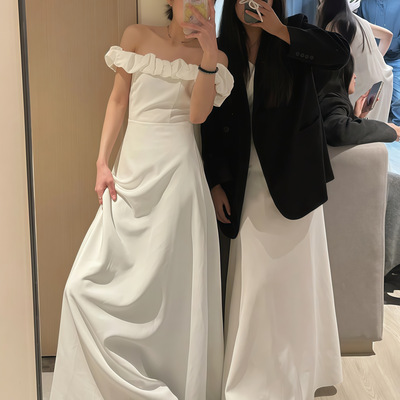 白色缎面超仙森系伴娘礼服裙结婚姐妹团长裙订婚领证登记可穿小众