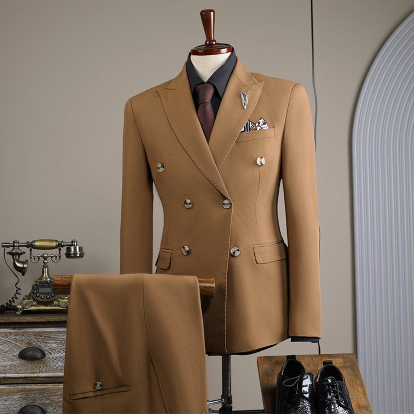 欢喜橙/高级感戗驳领双排扣西装韩版西服套装男正装结婚伴郎男士