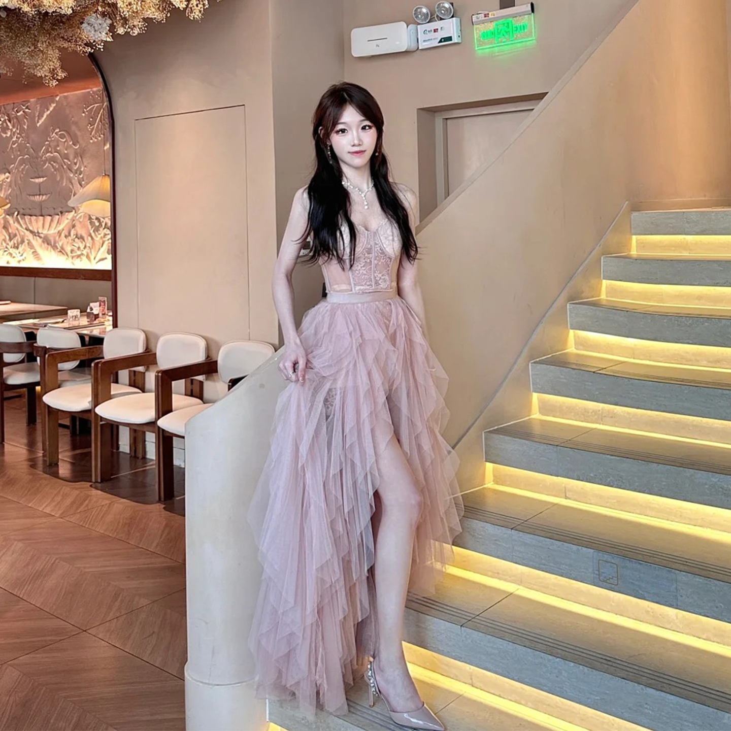 欢喜橙/miu系穿搭飘逸蕾丝抹胸连衣裙千金感公主生日party小礼裙