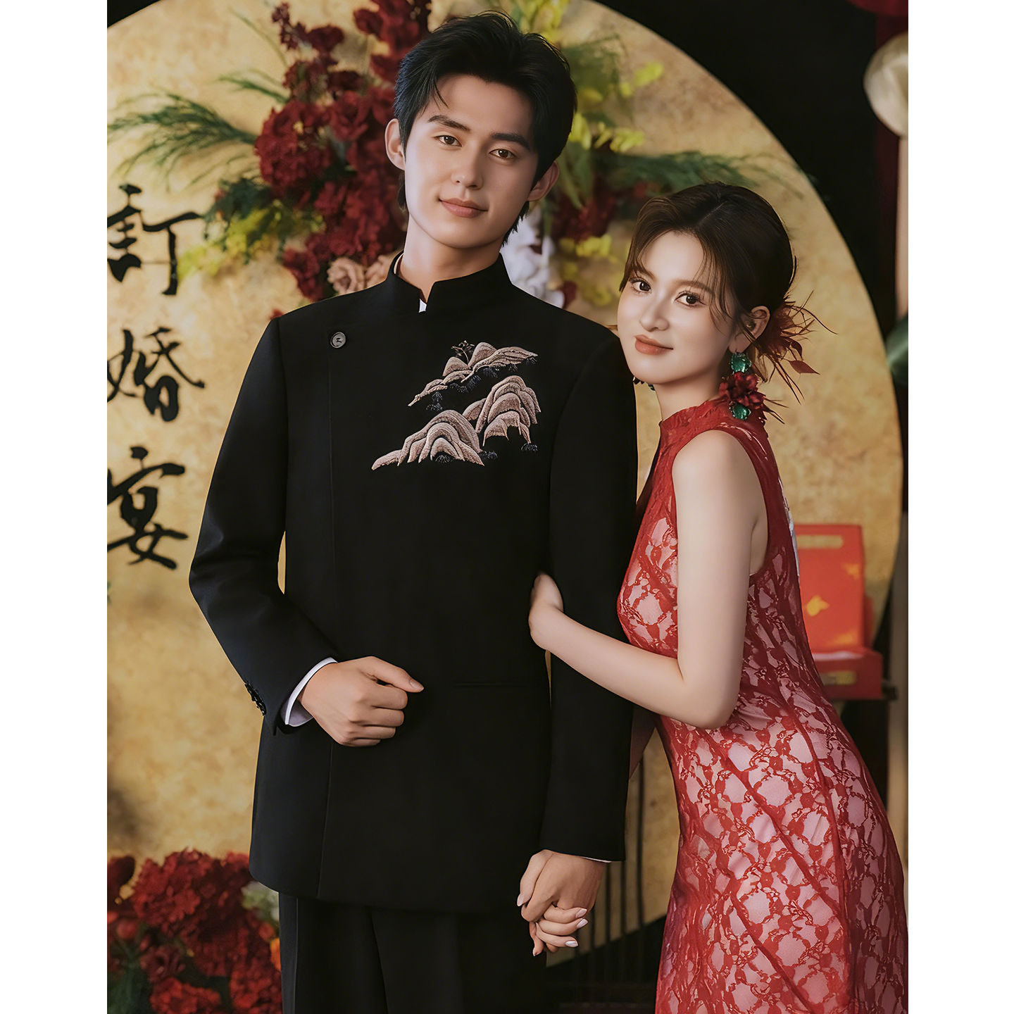 欢喜橙/高定中式新郎订婚结婚男士西服套装国风立领西装改良唐装