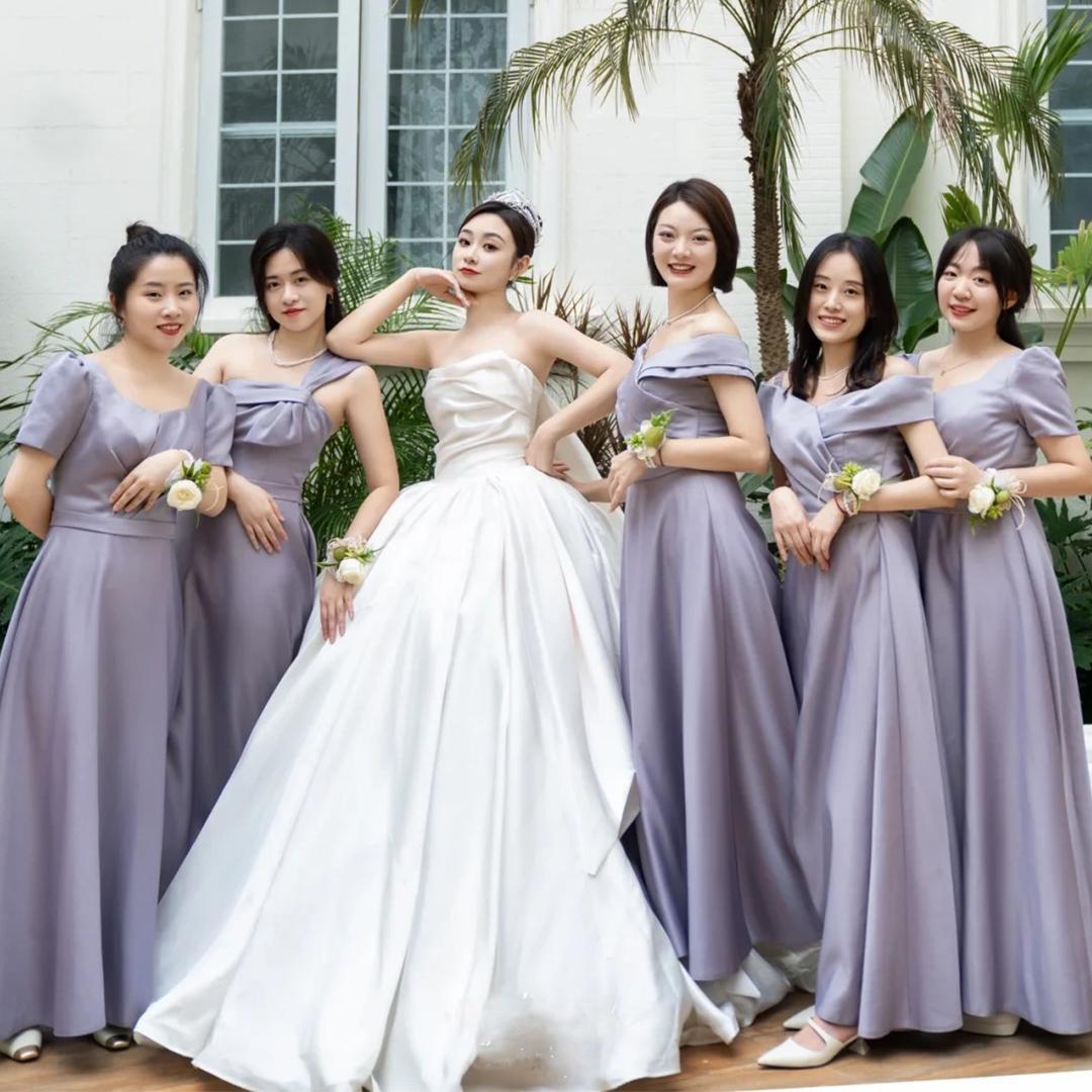 伴娘服紫色女新款夏缎面高级感姐妹团平时可穿紫色毕业礼服裙小众