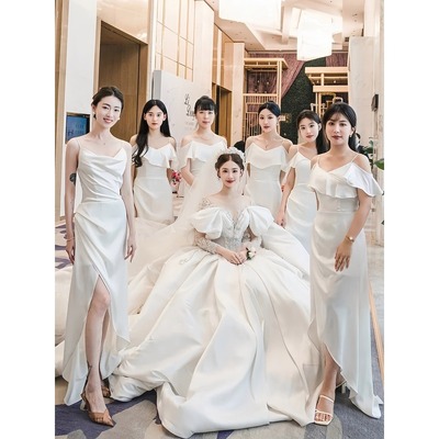 欢喜橙【凝雪】姐妹团伴娘服白色缎面礼服轻奢高级感日常可穿夏季